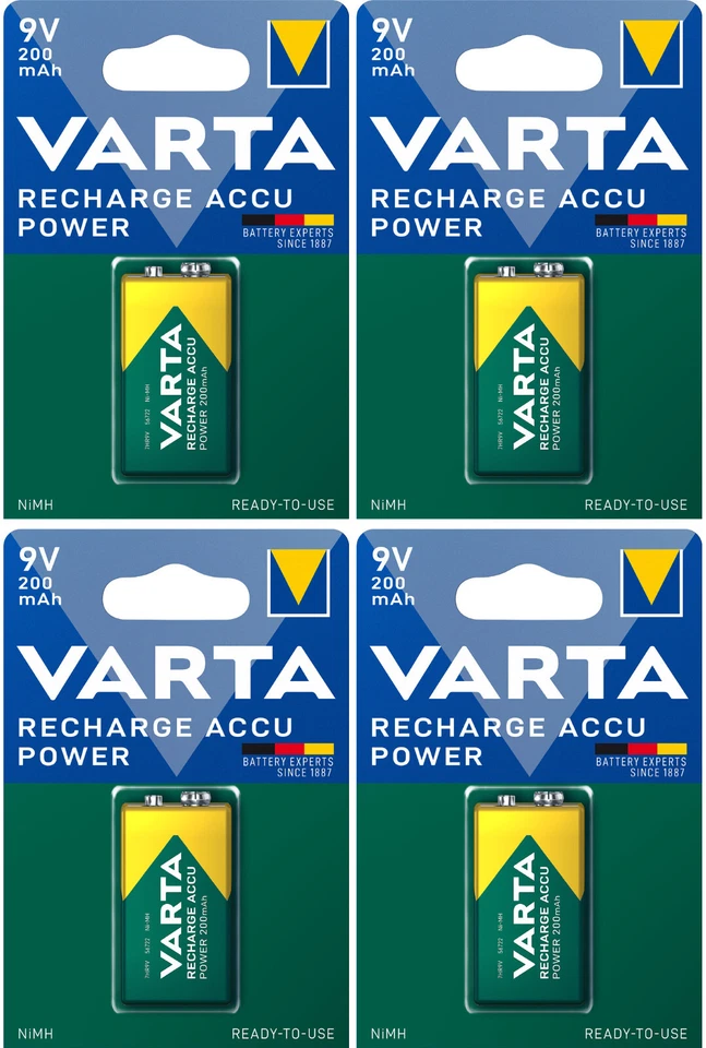 4 x VARTA Recharge Accu Power 200mAh 9V 56722 7HR9V Rechargeable Battery - Image 1 of 3