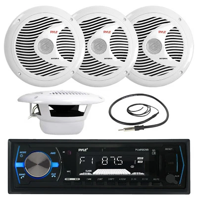 PLMRB29B Black Marine USB AM FM Radio, Marine Antenna, 6.5" Pyle 150W  Speakers - Image 1 of 4