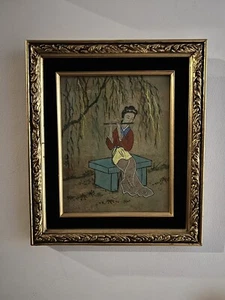 Asian Geisha Painting Of A Beautiful Maiden Playing Instrument Flute On Bench - Picture 1 of 8