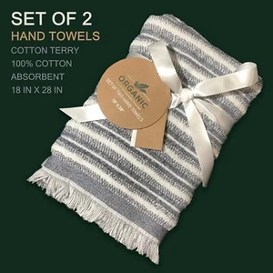 SET OF 2 - New ORGANIC Cotton Terry Hand Towels White Blue Stripes Fringe - Picture 1 of 3