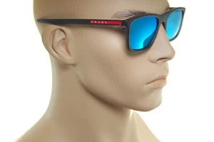 PRADA SPORT 10WS 13C08R Men Large Square Sunglasses GREY RUBBER BLUE MIRROR NEW