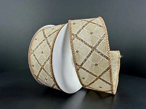 Nat Leinen mit weiß/gold Glitzer Kreuz Diag Pld Band, Drahtkante, 1,5" Breite x 10 Yd - Bild 1 von 1