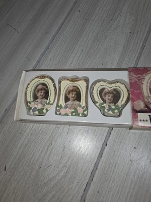 VTG Victorian Porcelain 3D Pink Floral Mini Photo Frame Magnets 3 Piece Set NIB - Image 1 of 4
