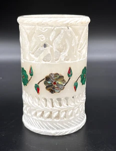 Stein geschnitzt asiatischer Elefant Abalone Malachit rot Jaspis Inlay Schreibtisch Stift Halter - Bild 1 von 12