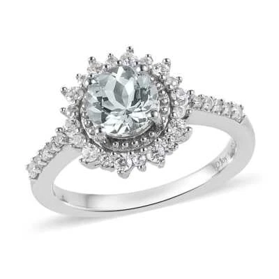 1.50ctw Espirito Santo Aquamarine & Zircon Sunburst Ring Platinum Plated Size 7 - Image 1 of 4