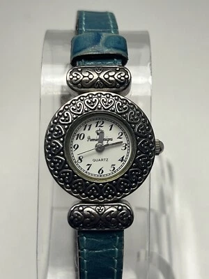 Relógio feminino Premier Designs tom prata pulseira reversível azul-petróleo/marrom nova bateria - Imagem 1 de 4