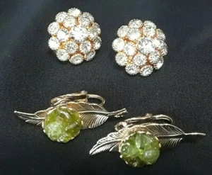 2er Set Prunk-Kuppel mit Strass & Blättern mit grünen Nuggets Vintage Ohrclips - Bild 1 von 6