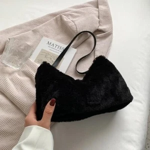Fury Cotton Zipper Women's Plush Shoulder Bag, Winter Minimalist Black - Picture 1 of 4