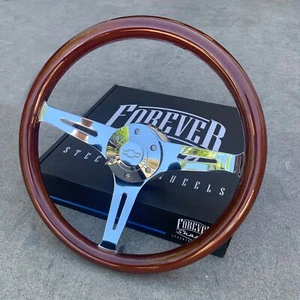 15" Chrome Steering Wheel Dark Wood Mahogany Grip Licensed Chevy Horn 6 Hole - Picture 1 of 5
