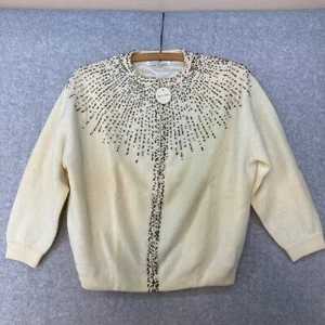 Vintage Size 38 Lambswool Angora Blend Beaded Cardigan Lined Cream Hooks Close - Picture 1 of 10