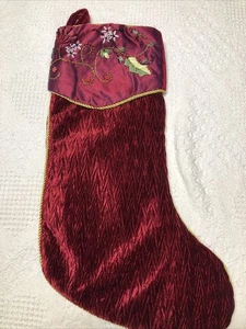 Vintage festlicher Weihnachtsstrumpf Blumen burgunderrot Samt Perlen bestickt 19 Zoll - Bild 1 von 12