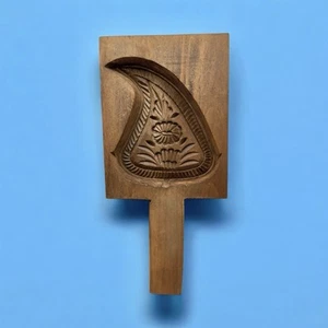 ANTIQUE CARVED 7" WOOD BUTTER RICE COOKIE MOLD Vintage Wooden Handle FLORAL LEAF - Picture 1 of 16