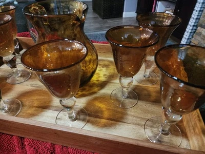 Artland Iris Amber Gold Hand Blown Bubble Glass/Wine/Water Goblet & Pitcher Set - Image 1 of 4