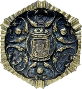 VTG 1950s Solid Brass Hexagonal Ashtray Coat of Arms Of Portugal Fish Nautical - Picture 1 of 10