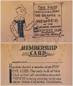 TESSERA ASSOCIATIVA POPEYE CLUB GIORNALE DELLA SERA - RISTAMPA VINTAGE - Foto 1 di 1