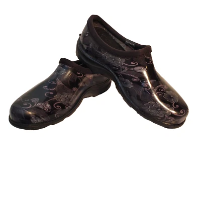 Sloggers Womens Black Floral Print Slip On Shoes SZ 9 Garden Waterproof Rubber - Image 1 of 4