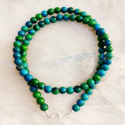 4 мм круглый натуральный зеленый азурит хризоколла драгоценных камней ожерелье серебряная застежка - Изображение 1 из 4