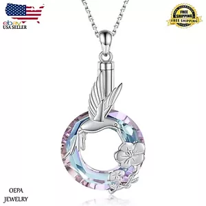 925 Sterling Silver Crystal Hummingbird Urn Necklace Cremation Pendant for Women - Picture 1 of 5