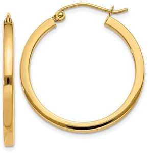 25mm 14K Yellow Gold 2mm Square Tube Hoop Earrings T1077 - Picture 1 of 4