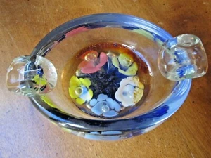 Vintage Paperweight/Ashtray hand blown Glass w/Pastel Flowers inside and Bubbles - Picture 1 of 3