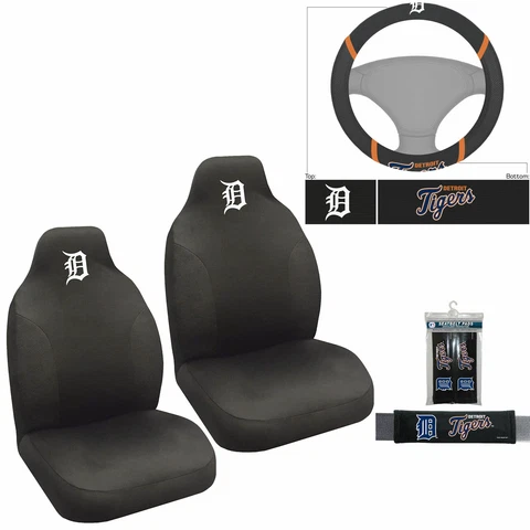 NEW 5PC MLB Detroit Tigers Car Seat Covers Steering Wheel Cover Seat Belt Pads Cover