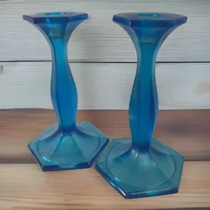 Fenton Celeste Blue Stretch Taper Candle Stick Holders Fenton? Iridescent 6 in - Picture 1 of 17