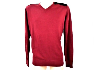 Guess Men's Size Medium Black Burgundy Faux Leather Pads Pullover V Neck Sweater - Image 1 of 4