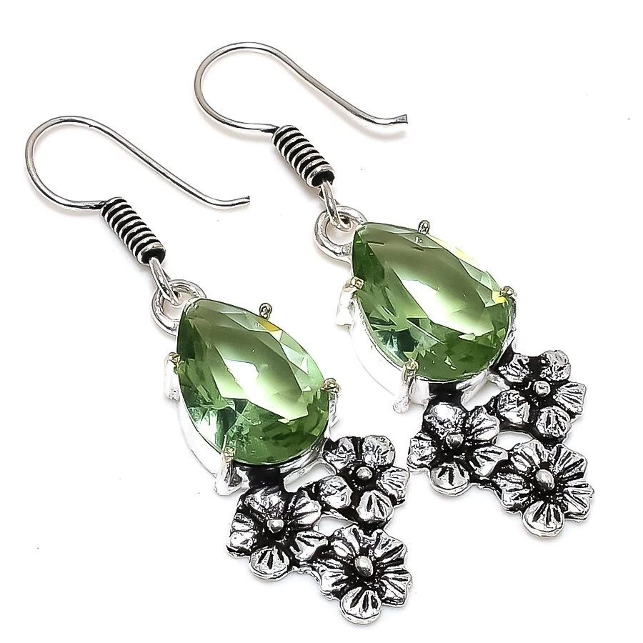 Brinco de prata esterlina 925 feito à mão com pedra preciosa de ametista verde tamanho 1,2" - Imagem 1 de 1