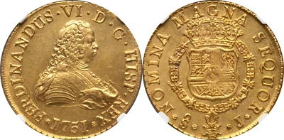 Чили 1751 So-J Фердинанд VI золото 8 эскудо NGC MS-62 - Изображение 1 из 4