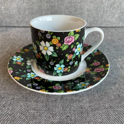 Mary Engelbreit Black Chintz Demitasse cup and saucer vintage 2002 floral - Image 1 of 4