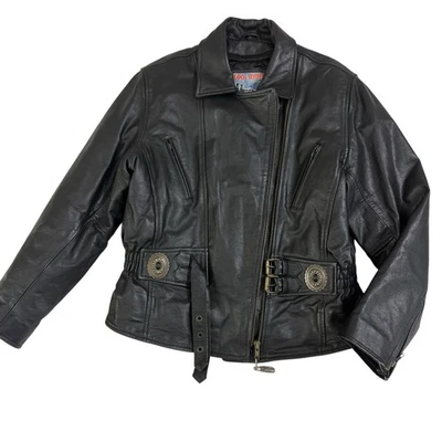 Chaqueta de Moto Western de Cuero Negra Recortada De Colección para Mujer L Forro Extraíble Pesada Genial Foto 1 de 4