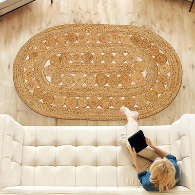 Alfombra ovalada hecha a mano alfombra de yute trenzada alfombra de área reversible para corredor para dormitorio Foto 1 de 3