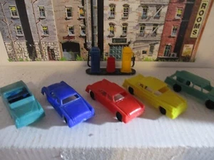 (5) VINTAGE Small 2" long Plastic International Toy Cars & Gas Pump - Picture 1 of 2