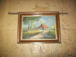 Vintage Alpine House Scenery Oil Painting Signed Picture With Wooden Frame - Picture 1 of 4