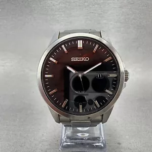Seiko Solar Watch Men 41mm Black Dial Stainless Steel Date Round V147-0AV0 Runs - Picture 1 of 12
