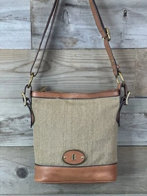 FOSSIL MADDOX Leather Khaki Canvas Bucket Crossbody Shoulder Bag Traveler - Image 1 of 4