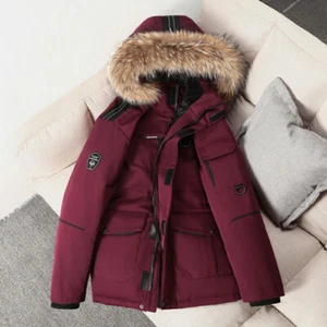 Men Duck Down Quilted Jacket Faux Fur Hooded Warm Padded Coat Parka Overcoat - Picture 1 of 15
