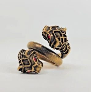 New Gucci Aged Gold Double Tiger Head Ring with Red Crystal Eyes 398971 8067 - Picture 1 of 5