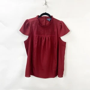  Modcloth 1X Womens Red Wine Velvet Cap Sleeve Ruffle Trim Round Neck Blouse Top - Picture 1 of 8
