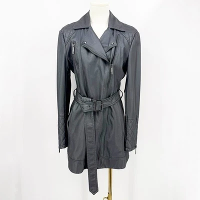 Trench coat Kenneth Cole Reaction couro sintético moto M cinza com cinto zíper assimétrico - Imagem 1 de 4