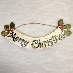 Vintage Frohe Weihnachten Holz Hängeschild Deko handbemalt rustikal Volkskunst Stechpalme - Bild 1 von 18