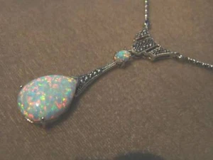 Art Deco Antique style Sterling Silver large Opal Marcasite Peardrop Necklace - Picture 1 of 12