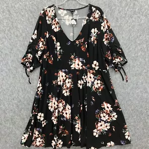 NEW Torrid 4 Black Floral Studio Knit Skater Dress Women Plus 4X Drawstring Slvs - Picture 1 of 13