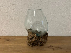 HANDMADE  GLASS BOWL ON WOOD BASE - Picture 1 of 4