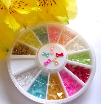 3D Nail Art 'Baby Bows' Pearl Tiny Bow-Tie Wheel Pot over 250pcs Flat Back Gems
