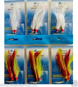 4/0 plataformas de plumas de bacalao de roca 2 ganchos 6 paquetes 3 cebos de pluma rojos amarillos y 3 cebos de pluma blancos - Imagen 1 de 3