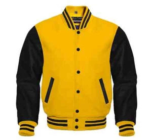 Mens Varsity Jacket Baseball Letterman Jacket Yellow Body Wool & Leather Sleeve - Picture 1 of 3