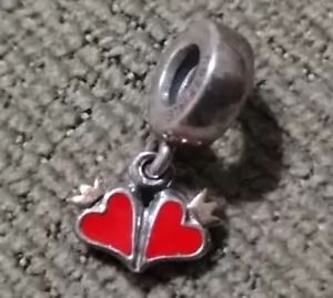 PANDORA Sterling Silver/14k Yellow Gold Crown Hearts Dangle Charm Red Enamel - Picture 1 of 3