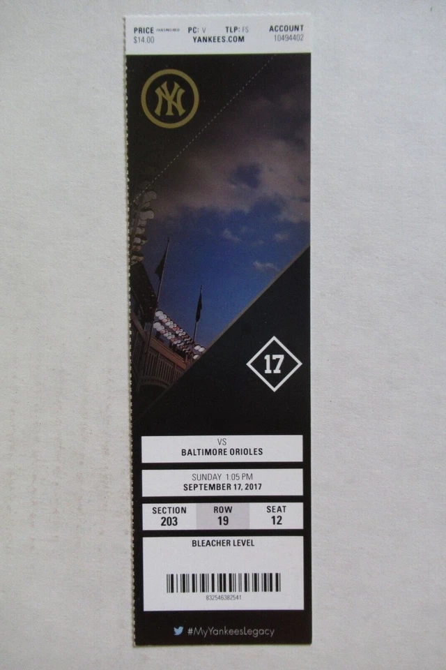 Boleto completo New York Yankees vs Orioles 17/09/2017 ~ Beckham/Gregorius HRs Foto 1 de 1