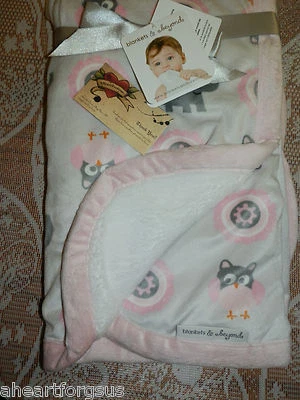BLANKET BEYOND PINK OWLS ELEPHANT GRAY SOFT VELOUR WHITE FURRY PINWHEEL NEW BABY - Image 1 of 3